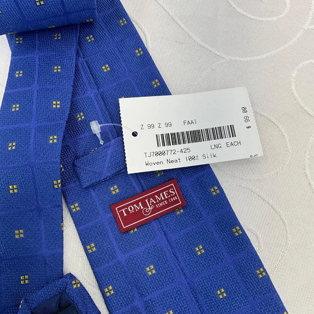Tom James Long Men's Blue & Yellow Grid Pattern Silk Tie‎